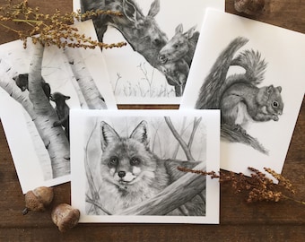 Forest Animals Note Card Set, animal card sets for kids, wildlife art card, woodland animals stationary, black and white cards, writer gifts