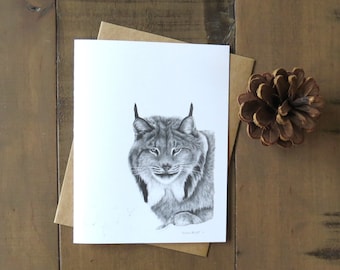 Lynx Note Card, wildlife art card, pencil art card, wildlife stationary, lynx art drawing, animal card for kids, arctic animal card