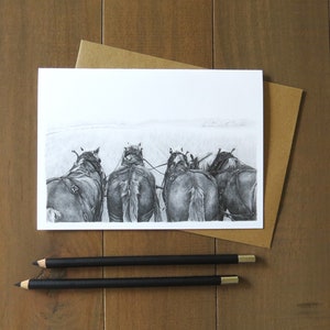 Horse Note Card, plow horses, farm animal cards, horse cards, pencil art, art cards, card for teacher, card gifts, horse gifts, note cards image 1