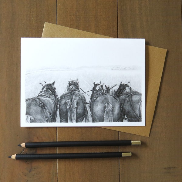 Horse Note Card, plow horses, farm animal cards, horse cards, pencil art, art cards, card for teacher, card gifts, horse gifts, note cards