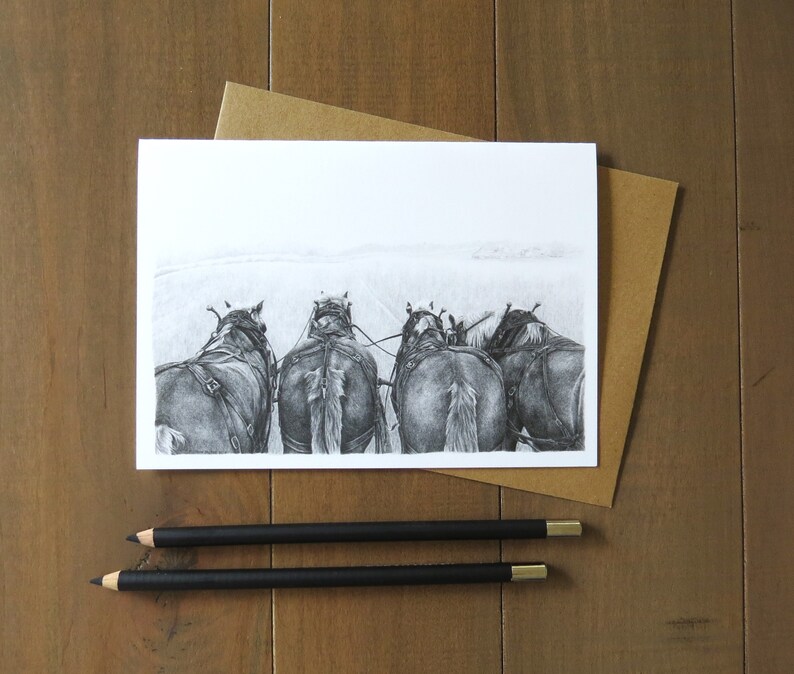 Horse Note Card, plow horses, farm animal cards, horse cards, pencil art, art cards, card for teacher, card gifts, horse gifts, note cards image 1
