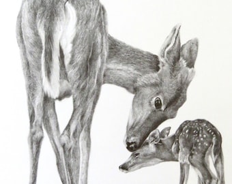 Doe and Fawn Art Print, wildlife nursery wall decor, black and white nursery, white tailed deer art, wall art for log cabin, kid&#39;s room art