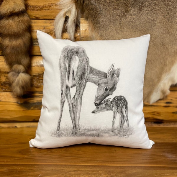 Doe and Fawn Pillow, wildlife throw pillow, lodge decor, home decor for cabin, nursery pillow, wildlife nursery, white animal pillow