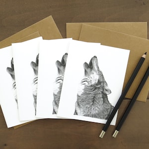 Wolf Note Card Set, card for nature lover, wolf wildlife art, stationary for men, black and white card, howling wolf art card, card for kids