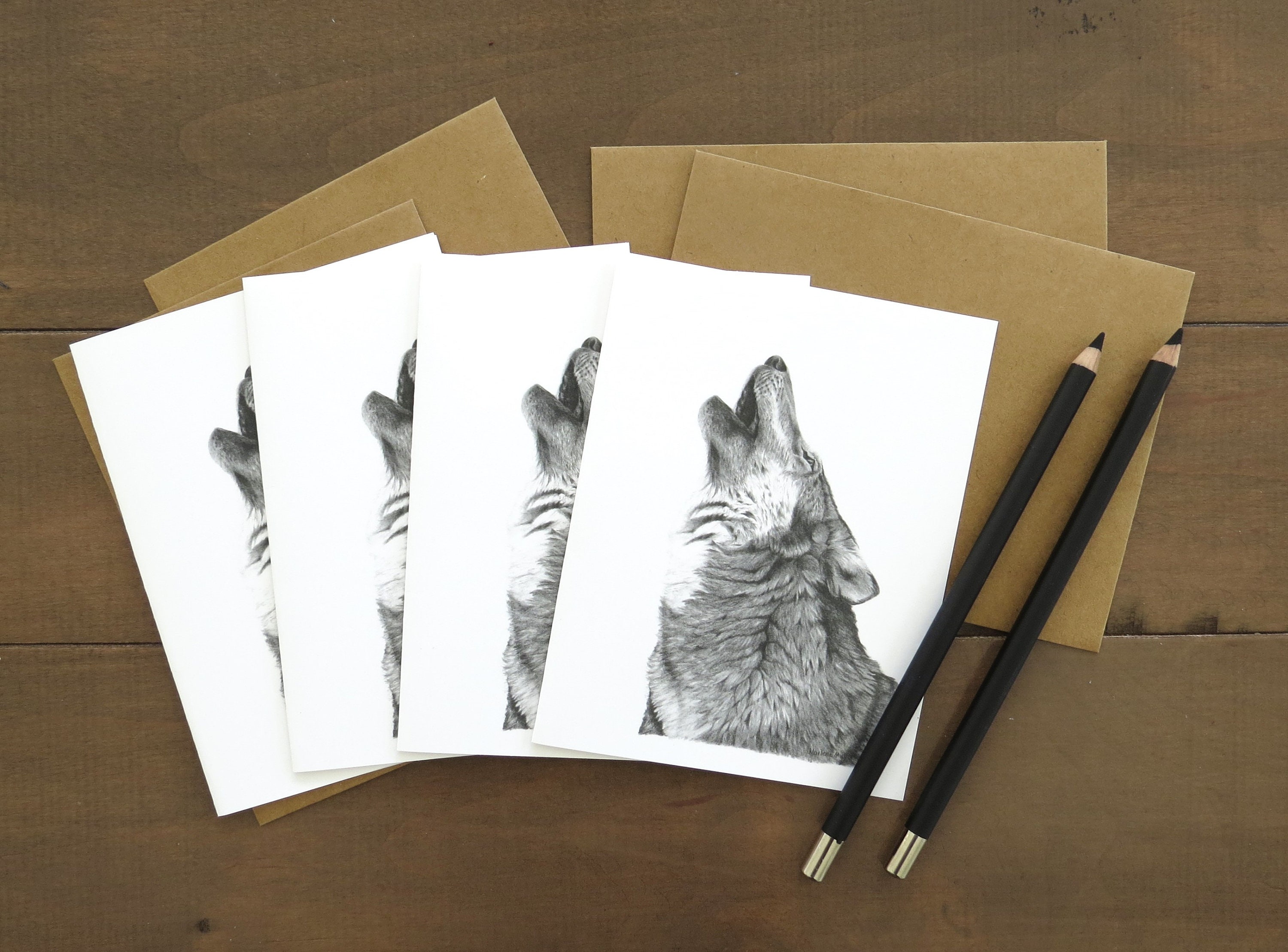 Wolf Note Card Set, card for nature lover, wolf wildlife art, stationary western , black and white card, howling wolf art card,card for kids