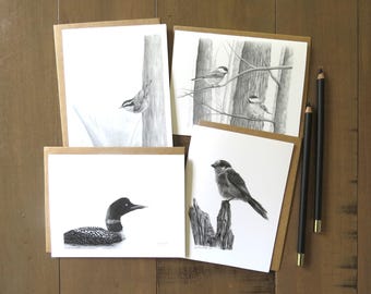 Juego de tarjetas con notas sobre aves del norte, juego de 4 tarjetas, tarjeta de papelería en blanco, tarjetas de arte de vida silvestre, tarjetas de naturaleza, regalo para naturalistas, aves canadienses