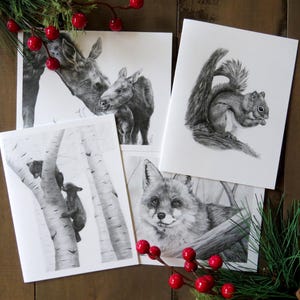 Juego de tarjetas con animales del bosque, juegos de tarjetas de animales para niños, tarjetas de arte de vida silvestre, papelería de animales del bosque, tarjetas en blanco y negro, regalos para escritores