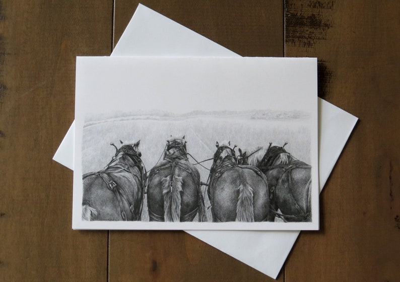 Horse Note Card, plow horses, farm animal cards, horse cards, pencil art, art cards, card for teacher, card gifts, horse gifts, note cards image 2