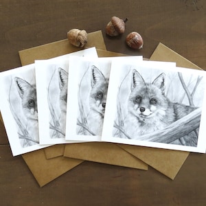 Ensemble de cartes de correspondance de renard roux, cartes d'art animalier, art de renard, cartes de renard, carte de nature, créatures des bois, carte pour chasseur, cartes de correspondance noir et blanc