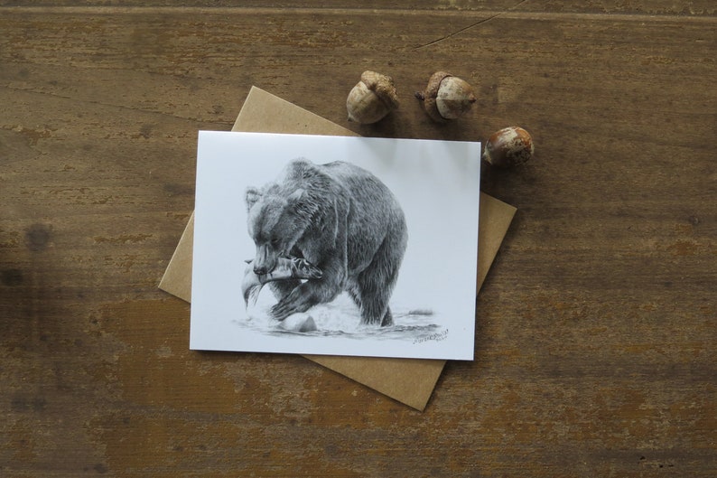 Grizzly Bear Note Card Set, wildlife art card, bear art, card for hunter, bear card for husband, pencil art, art card, blank invitation card image 2