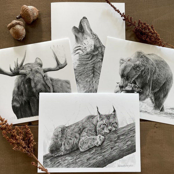 Wilderness Animals Note Card Set, nature card, wildlife art card, card for teacher, wild animal note card, writer gift, cards for kids