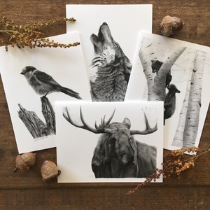 Tiere des Waldes im Norden, 4er Set Grußkarten für Naturliebhaber, Dänische Kunst Karte, Tierkarten, stationäre Karten, Geschenk für ihn, Elch Kunst