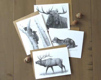 Rocky Mountain Animals Note Card Set, set of 4 card, wildlife note cards, card for hunter, nature stationary writer gift, teacher cards