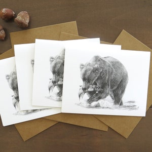 Grizzly Bear Note Card Set, wildlife art card, bear art, card for hunter, bear card for husband, pencil art, art card, blank invitation card image 1