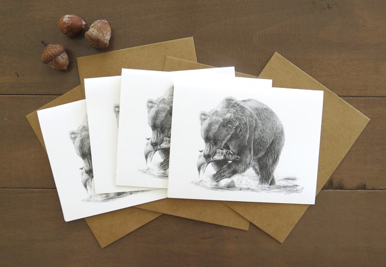 Grizzly Bear Note Card Set, wildlife art card, bear art, card for hunter, bear card for husband, pencil art, art card, blank invitation card image 1