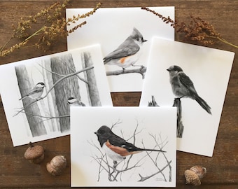 Bird Note Card Set, set of 4 cards, stationary card, wildlife art cards, nature cards, black and white cards, gift for naturalist, bird art,