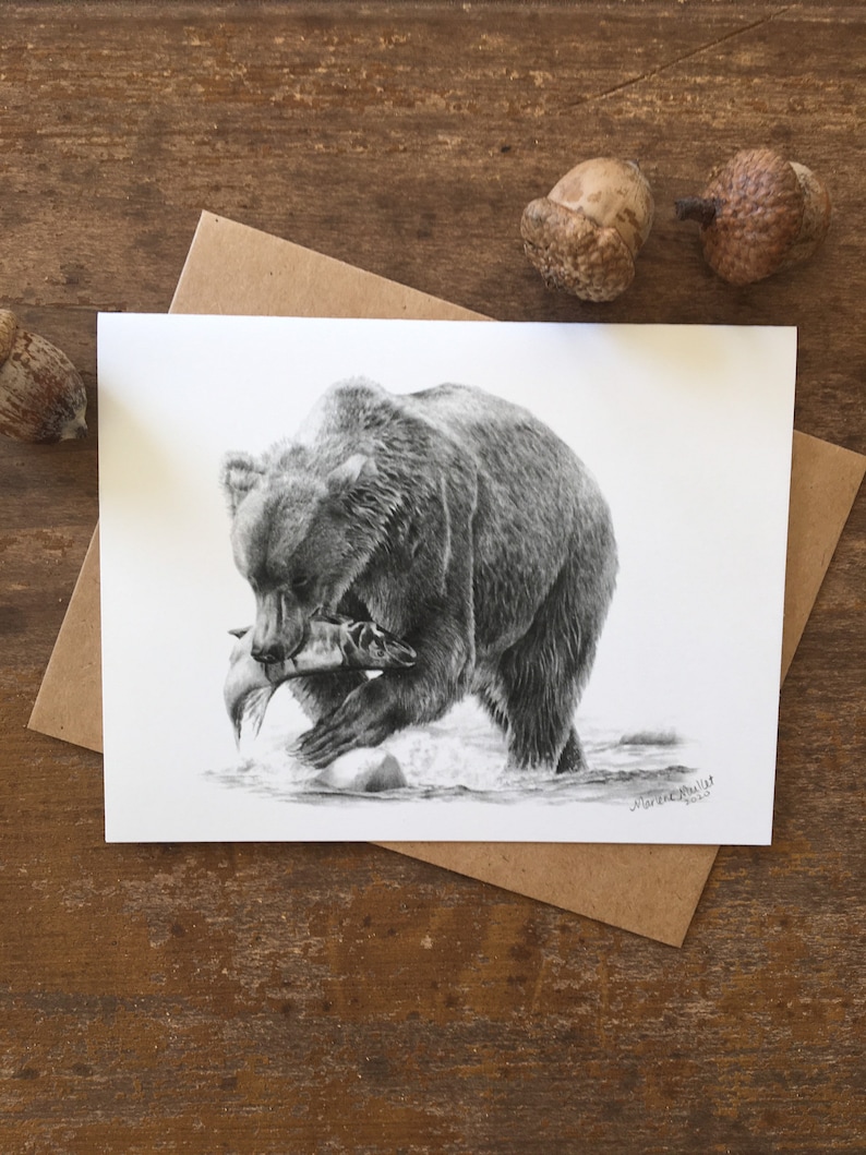 Grizzly Bear Note Card Set, wildlife art card, bear art, card for hunter, bear card for husband, pencil art, art card, blank invitation card image 3