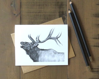 Carte de correspondance wapiti, carte d'art animalier, carte de wapiti de clairon, carte de voeux d'art de la nature, carte de correspondance vierge, papeterie d'écrivain animalier, cadeau de chasseur de cartes