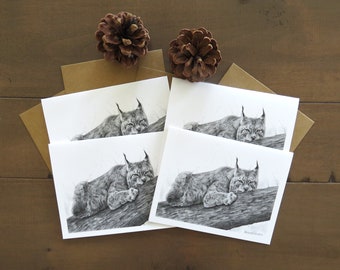 Lynx Note Card Set, wildlife art, wild cats, pencil art card, wildlife stationary, lynx art, card drawing, card for kids, woodland animals