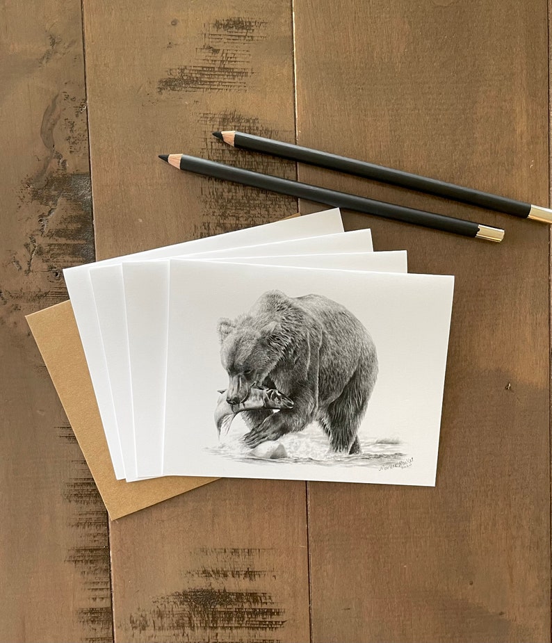 Grizzly Bear Note Card Set, wildlife art card, bear art, card for hunter, bear card for husband, pencil art, art card, blank invitation card image 5