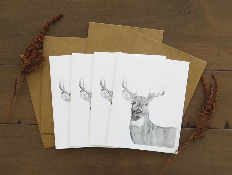 Deer Note Card Set, wildlife note card, deer art card, woodland animal, hunting art, card for hunter,card for husband,stationery gift nature image 1