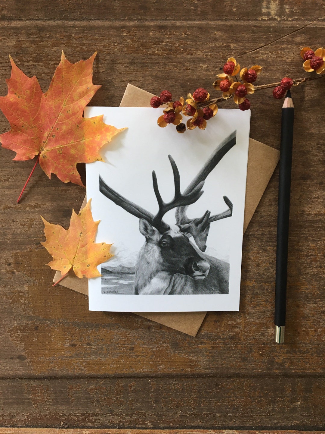 Caribou Note Card Wildlife Cards Caribou Art Greeting Etsy