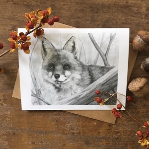 Rotfuchs Grußkarte, Wildtier Kunst Karten, Fuchs Kunstkarten, Natur Karte, Waldtiere, Karte für Jäger, schwarz weiss Grußkarten