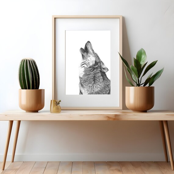 Wolf Art Print, Hand Drawn Wildlife Wall Art, Howling Wolf Pencil