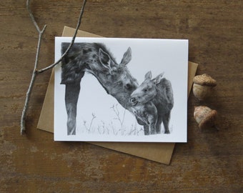 Carte de correspondance avec l'orignal, carte d'art animalier, orignal avec bébé, art de l'orignal, art de la nature, carte pour enfant, cadeau d'orignal, papeterie de nature, étudiant de cadeau d'auteur