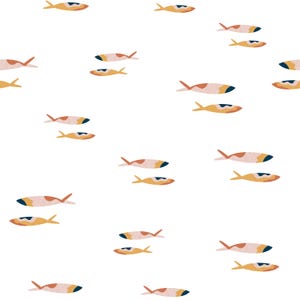 May include: A repeating pattern of stylized fish in shades of orange, yellow, and blue on a white background. The fish are depicted with simple, abstract shapes, creating a playful and whimsical design. This pattern is suitable for fabric or wallpaper.