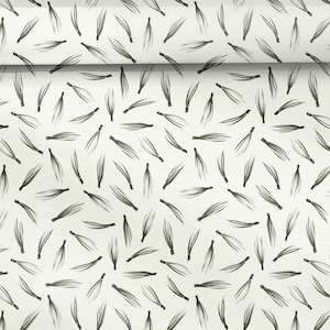 May include: White fabric featuring a repeating pattern of dark grey, stylised feather shapes. The feathers are scattered across the surface, creating a textured, organic design. The fabric is folded over at the top.