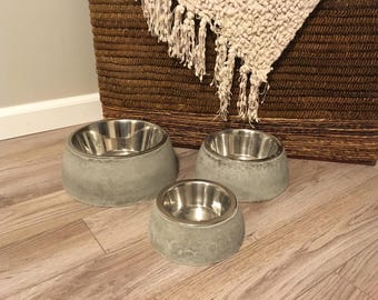 Concrete Dog Cat Pet Bowl. No Flip, Raised w/Stainless Steel Insert  Sm. Med. Lg.  Natural Organic sealer. *TOUGH* Handmade USA Free Ship