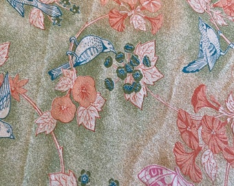 Blue green pink coral floral bird butterfly Asian vibe knit fabric
