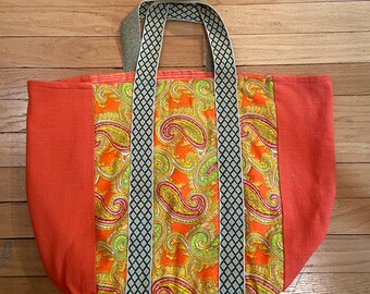 Upcycled fabric tote orange yellow green paisley shopping bag