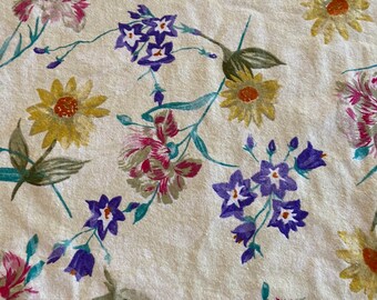 Multi color 70s floral flowers knit fabric purple yellow cream violets Daisy