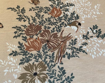 Tan black green white floral bird knit fabric lightweight