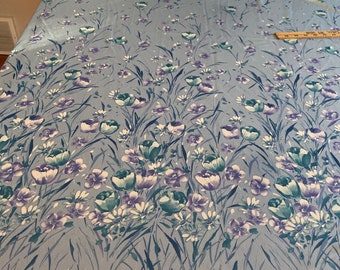 Blue purple white floral sheet knit border print fabric vintage