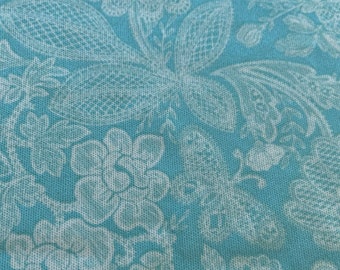 Aqua blue and white 70s floral knit fabric sheet thin