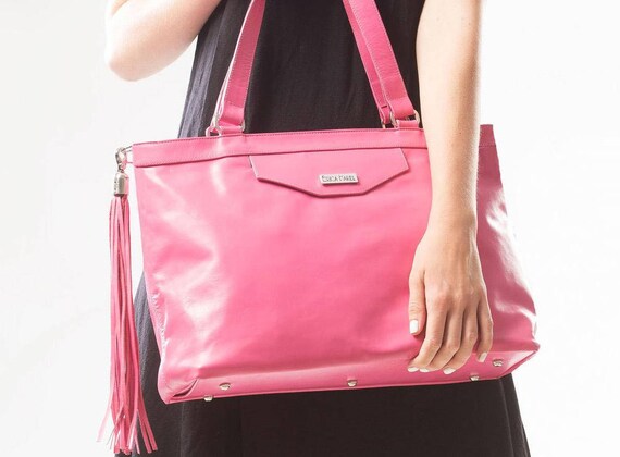 pink leather laptop bag