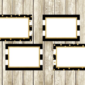 May include: Four blank white labels with black and gold borders. The labels have a black and white striped pattern on the top and bottom and a black background with gold polka dots on the sides.
