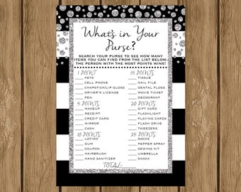 What's in Your Purse, Bridal Shower Game, Printable Bridal Shower Game, Instant Download, Black White and Silver, Silver Glitter, 015