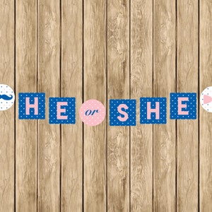 Printable He or She Banner, Gender Reveal Banner, He or She Banner, Instant Download Banner, Gender Reveal Party Decor, Pink and Blue