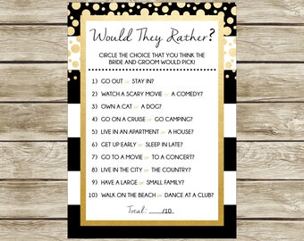 Would They Rather? Printable Bridal Shower Game, Black White and Gold Bridal Shower, Instant Download, Bridal Shower Game,  003