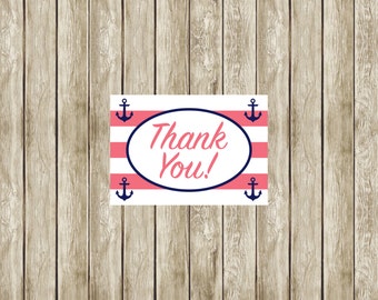 Instant Download Pink and Navy Nautical Thank You Card,  Printable Thank You Card, Nautical Theme, Nautical Thank You Cards, 002