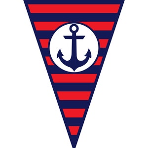 Pu&ograve; includere: Un pennone a tema nautico rosso e blu con un cerchio bianco e un'ancora blu al centro.