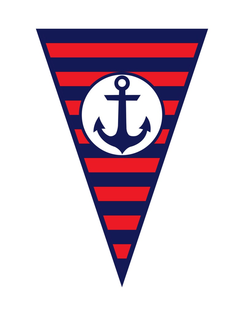 Pu&ograve; includere: Un pennone a tema nautico rosso e blu con un cerchio bianco e un'ancora blu al centro.