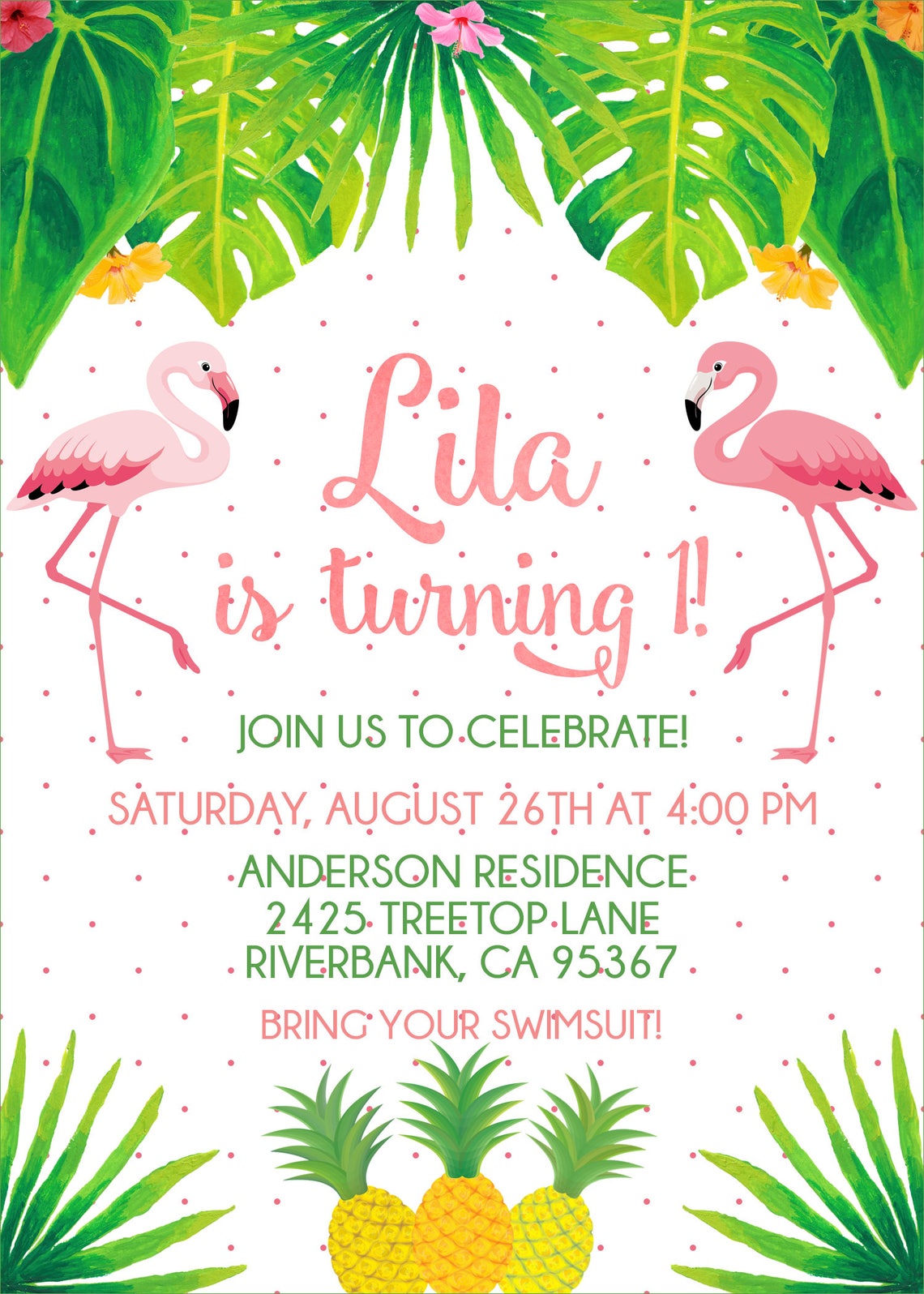 Flamingo and Pineapple Birthday Invitation Flamingo Birthday Etsy