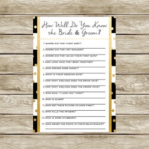 How Well Do You Know the Bride and Groom? Printable Game, Bride and Groom Game, Co-ed Wedding Shower, Black White and Gold, 003