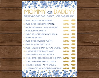 Mommy or Daddy? Printable Baby Shower Game, Blue and Gold Baby Shower, Who Said It? Mom or Dad? Instant Download, Printable Game, 018