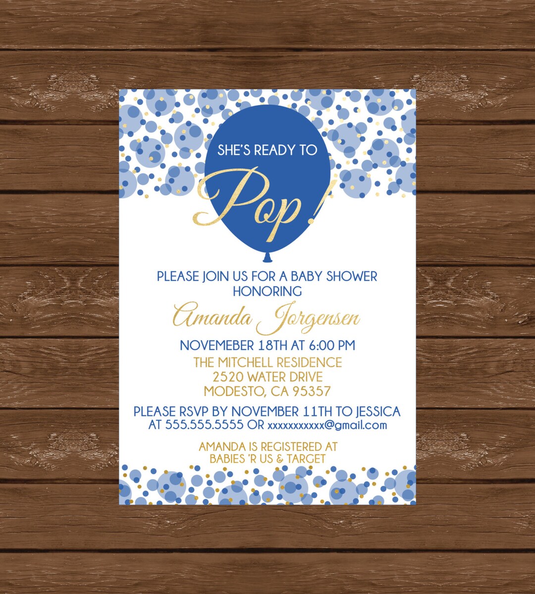 She's About to Pop Printable Baby Shower Invitation, Blue and Gold Baby ...